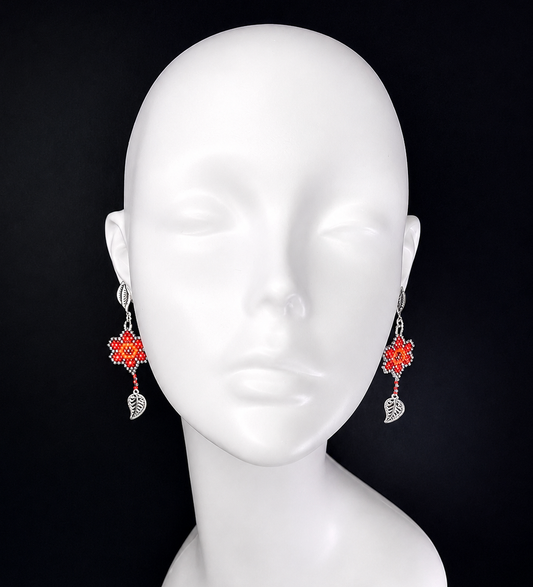 Miyuki Earrings - Flower w/ leaves (reds)