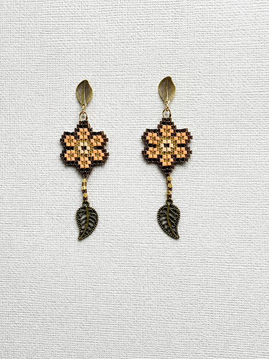 Miyuki Earrings - Flower w/ leaves (browns, gold)
