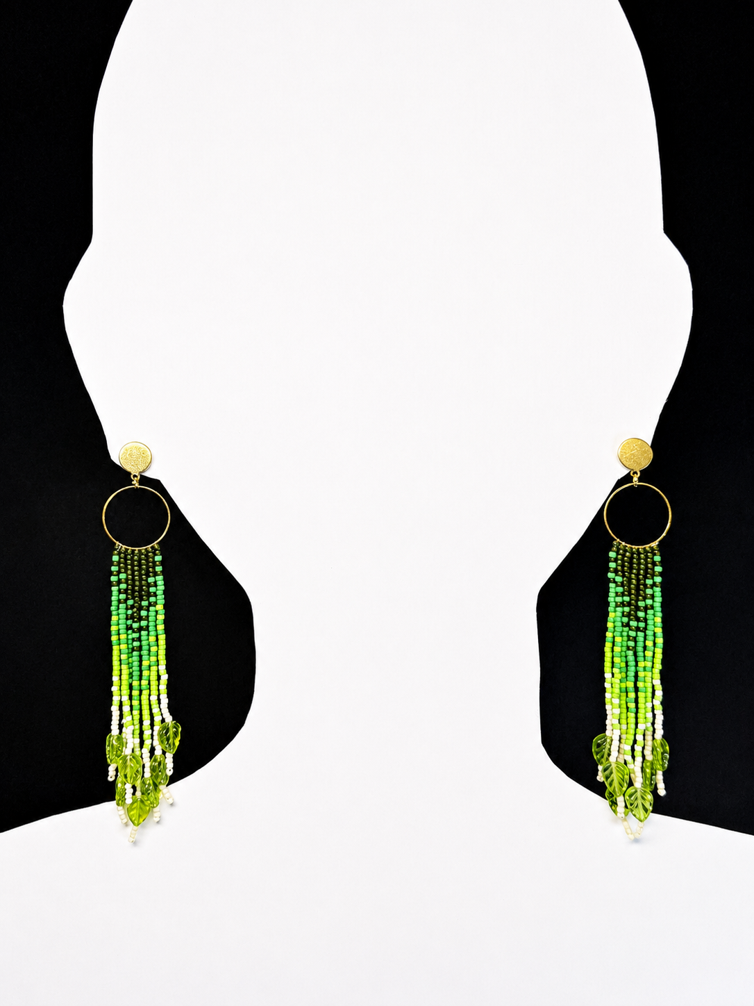 Toho Earrings - Shoulder Sweepers w/ leaves (greens)