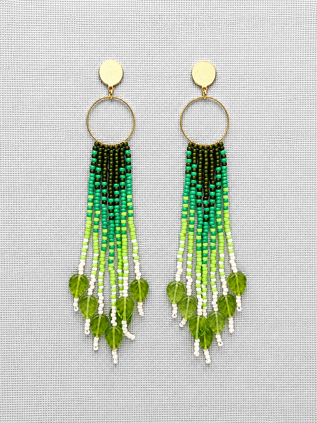 Toho Earrings - Shoulder Sweepers w/ leaves (greens)