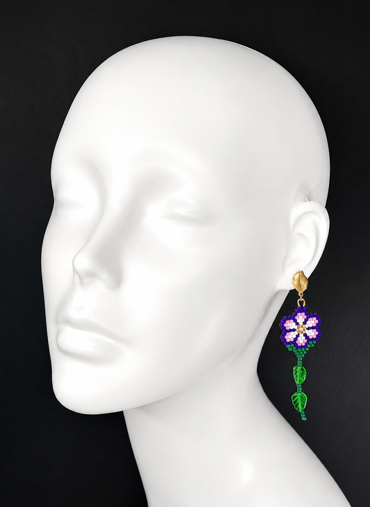 Miyuki Earrings - Flower w/ leaves (purple, green)