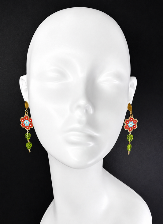 Miyuki Earrings - Flower w/ leaves (peachy red, blue)