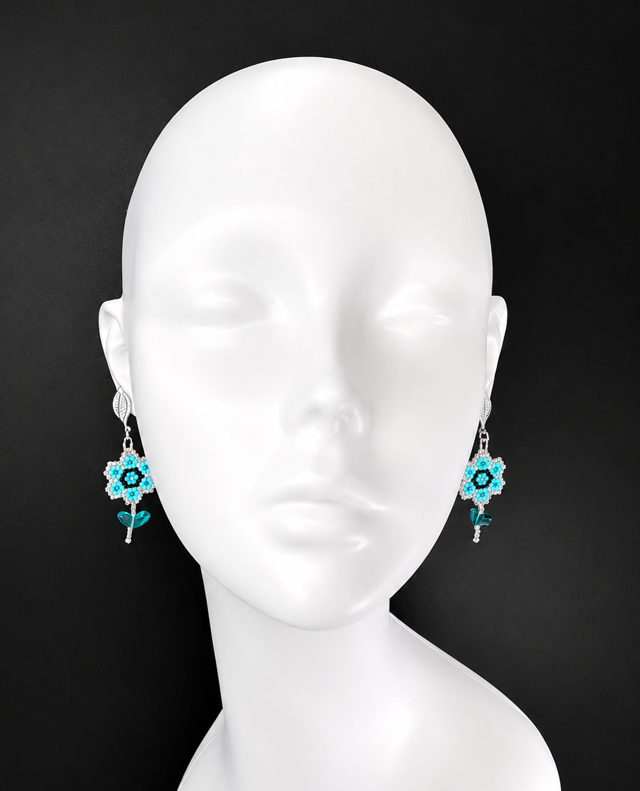 Miyuki Earrings - Flower w/ leaves (blue, black)