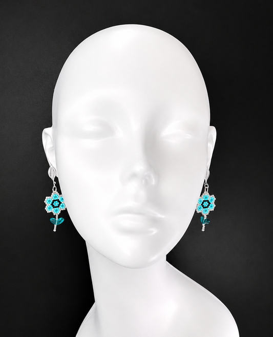 Miyuki Earrings - Flower w/ leaves (blue, black)