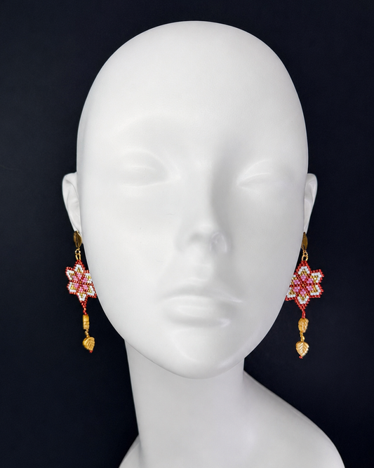 Miyuki Earrings - Flower w/ leaves (red, pink)