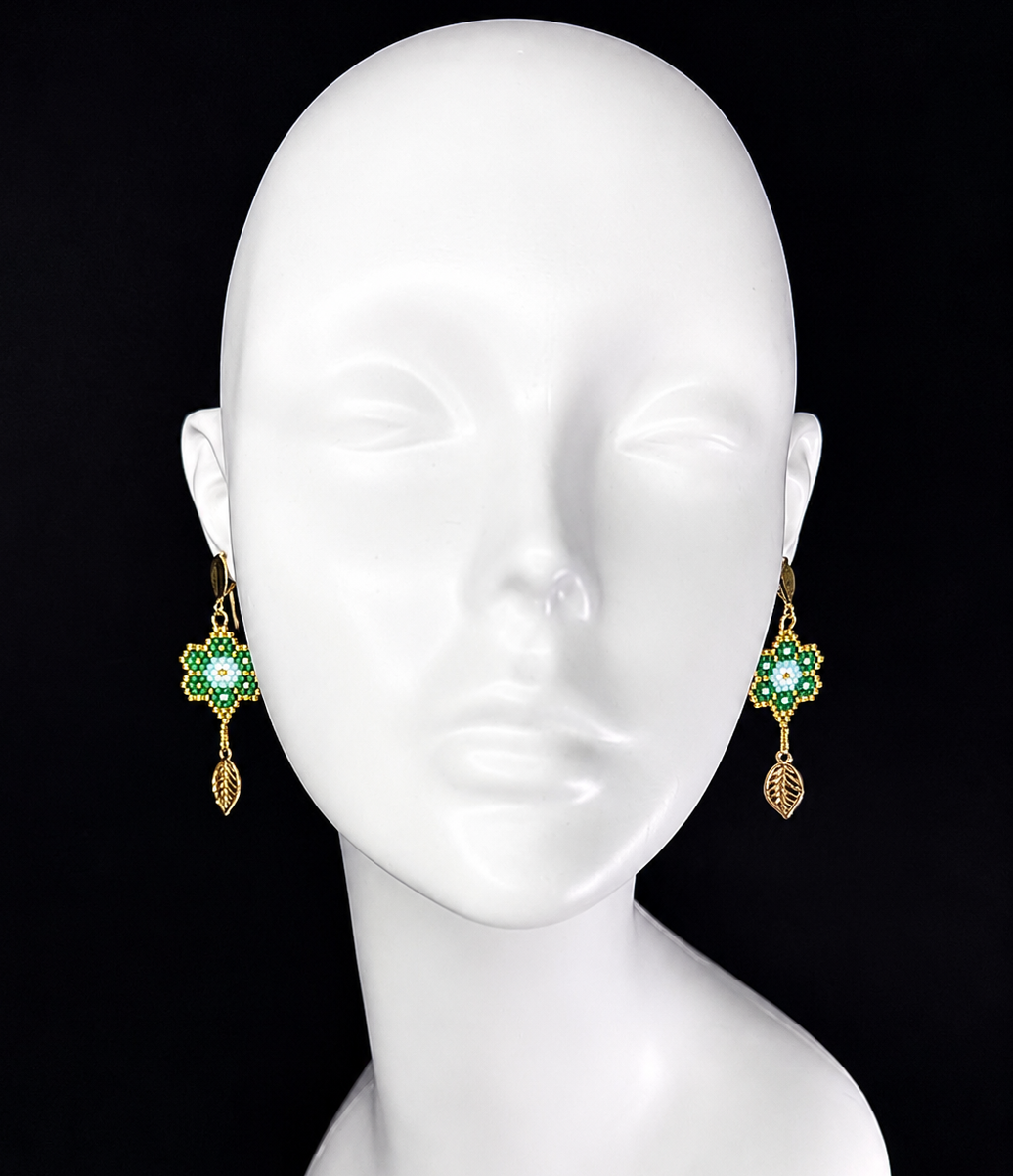 Miyuki Earrings - Flower w/ leaves (gold, green)