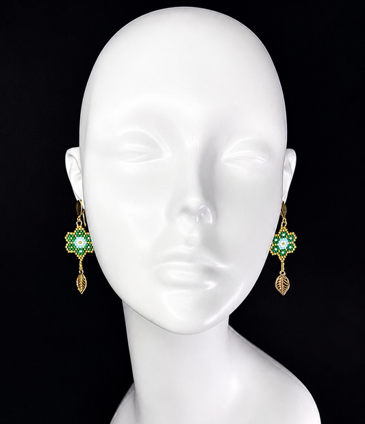 Miyuki Earrings - Flower w/ leaves (gold, green)