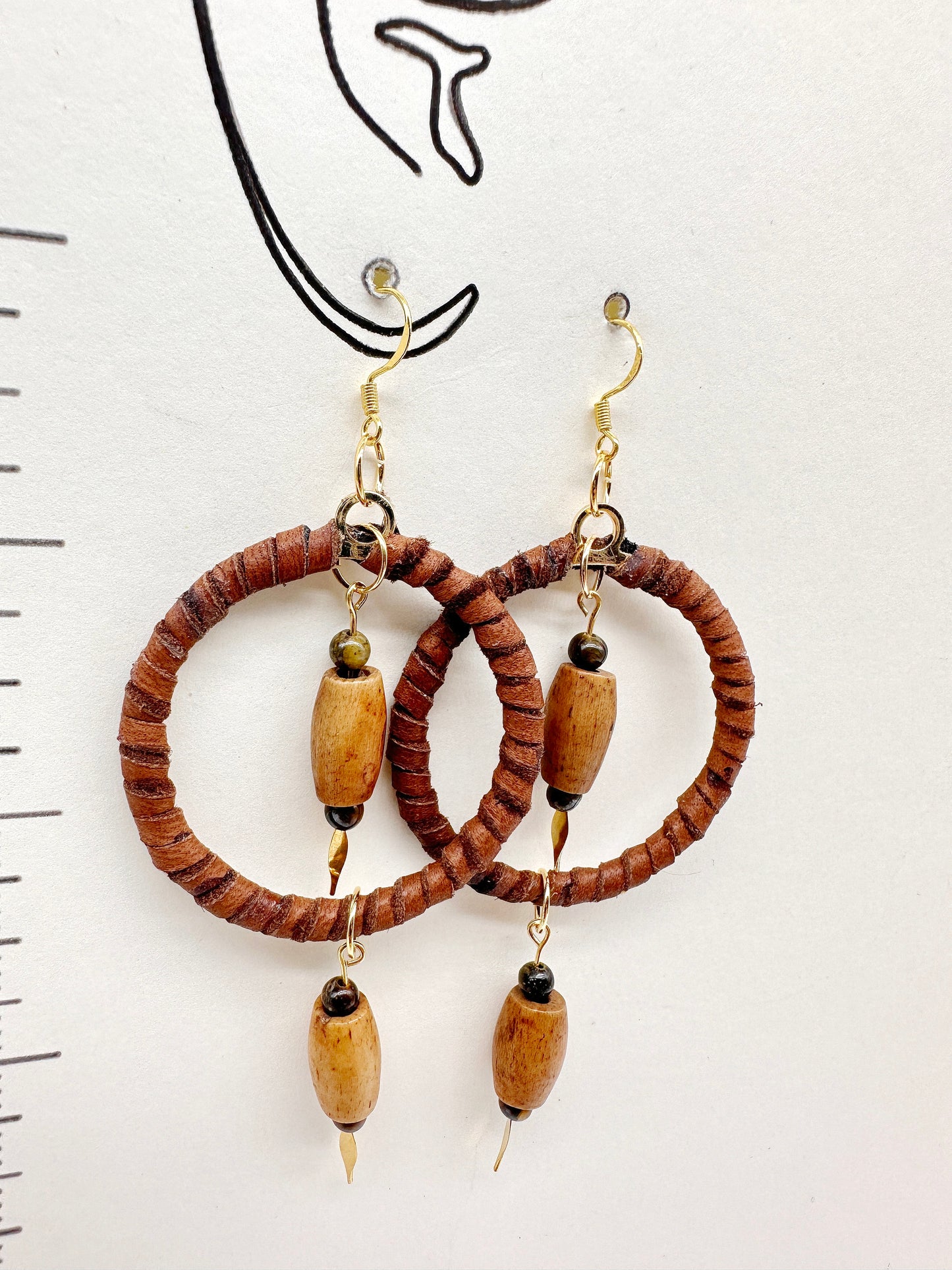 Indigenous Handmade Earrings - Deer Hide Lace, Bone Beads, & Tiger's Eye