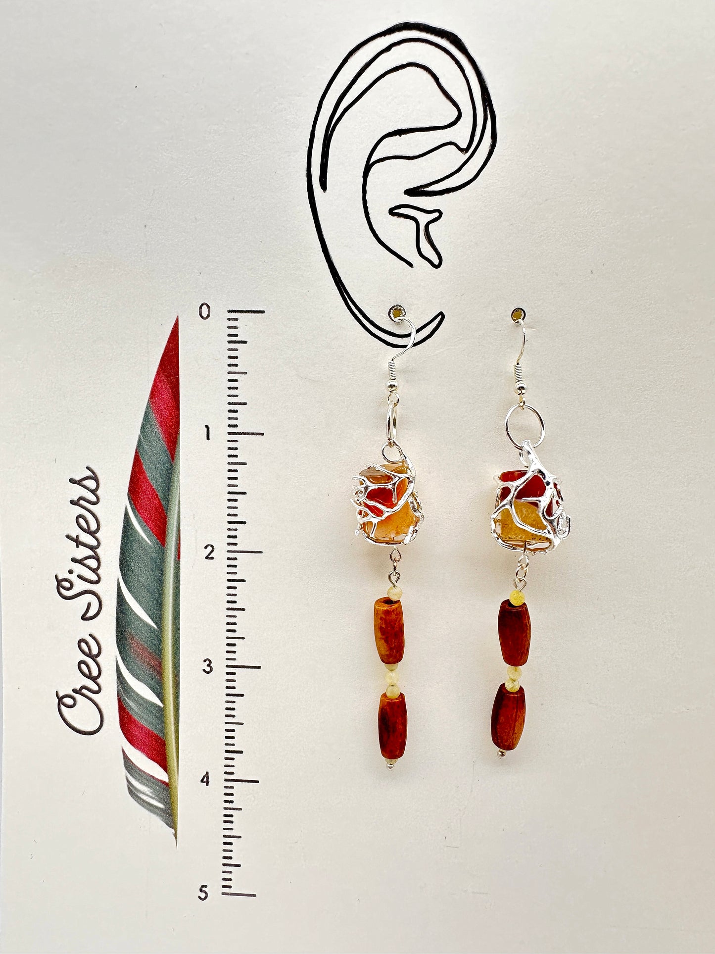 Indigenous Handmade Earrings - Crazy Lace Agate, Bone Beads, & Yellow Agate