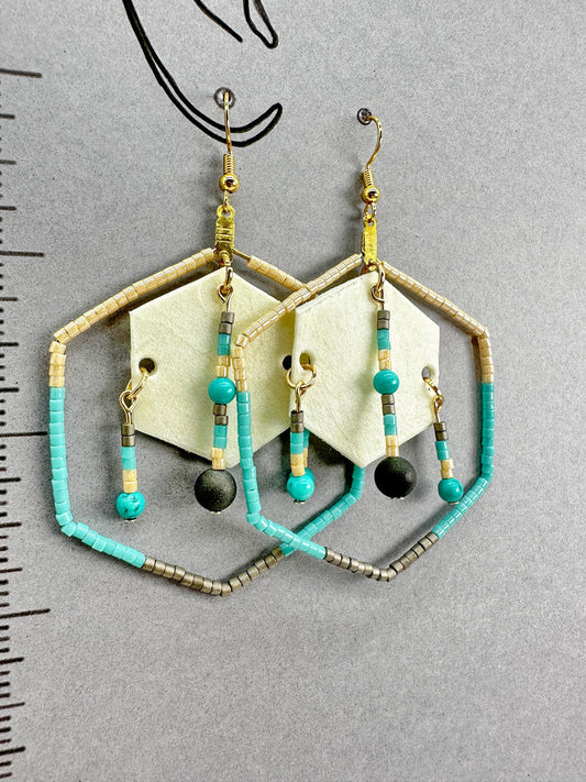 Boucles d'oreilles artisanales indigènes - Série Rawhide avec turquoise et agate noire