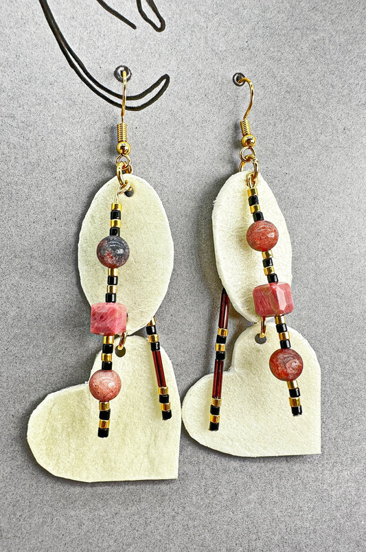 Boucles d'oreilles artisanales indigènes - Série Rawhide avec rhodonite rose pétrifiée