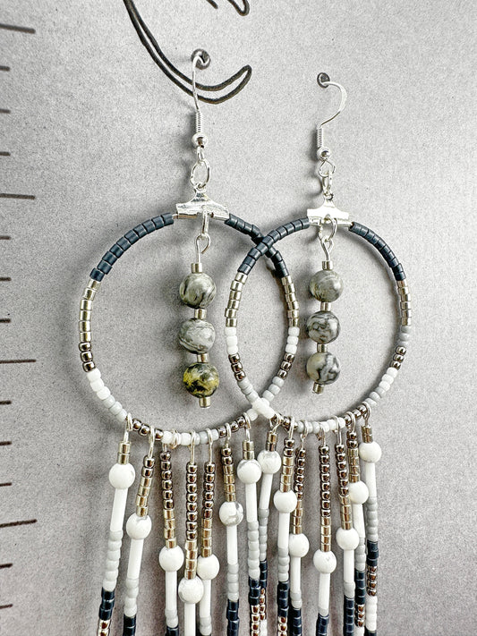 Indigenous Handcrafted Earrings - Beaded w/ Map Jasper & Howlite