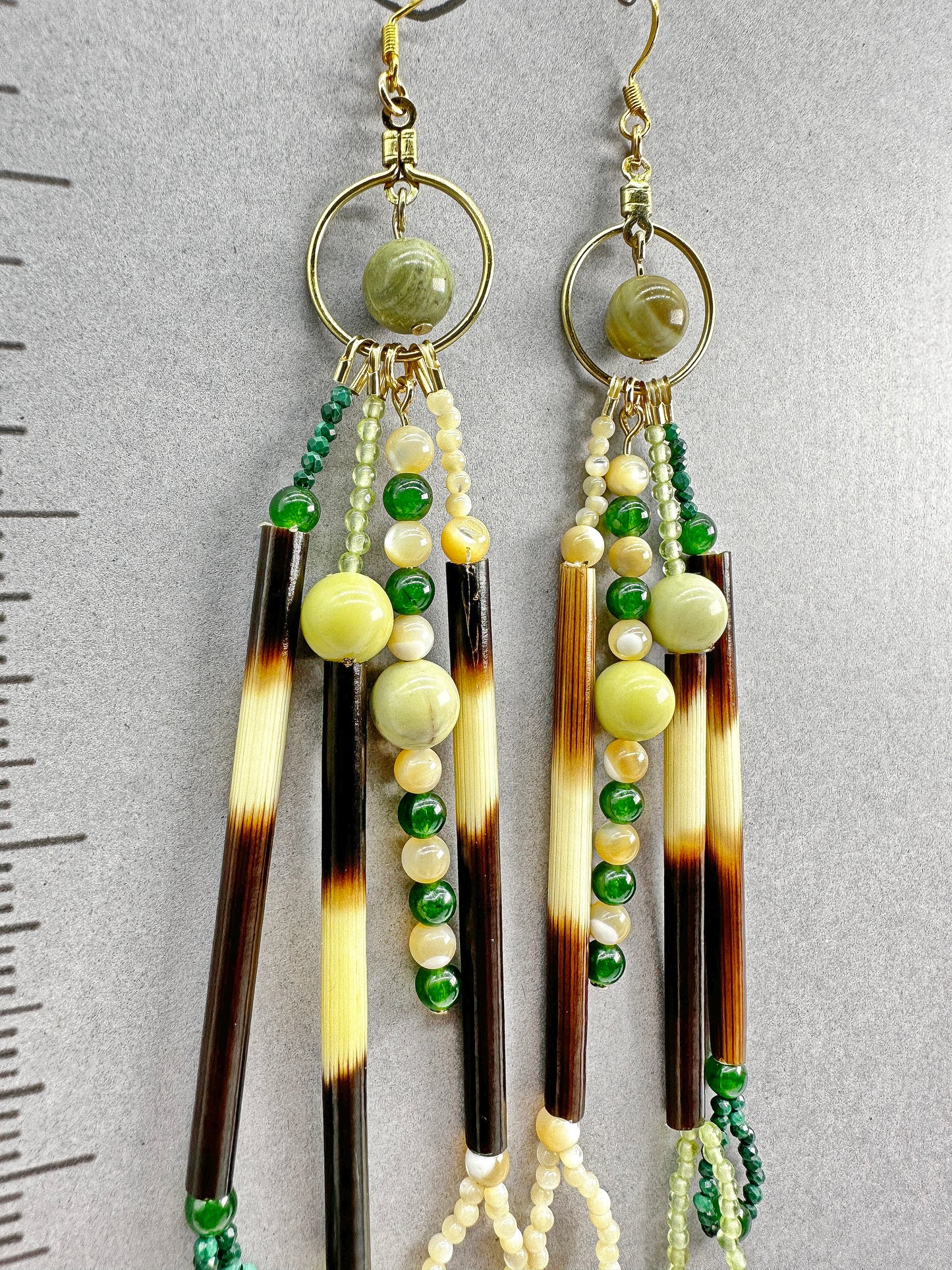 Indigenous Handcrafted Earrings - Beaded w/ Butter Jasper, Malachite, Jade, Natural Mother-of-Pearl, Peridot