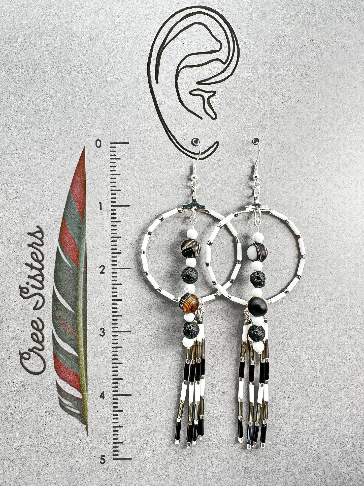 Boucles d'oreilles artisanales indigènes - Perles de sardonyx, howlite et pierre de lave