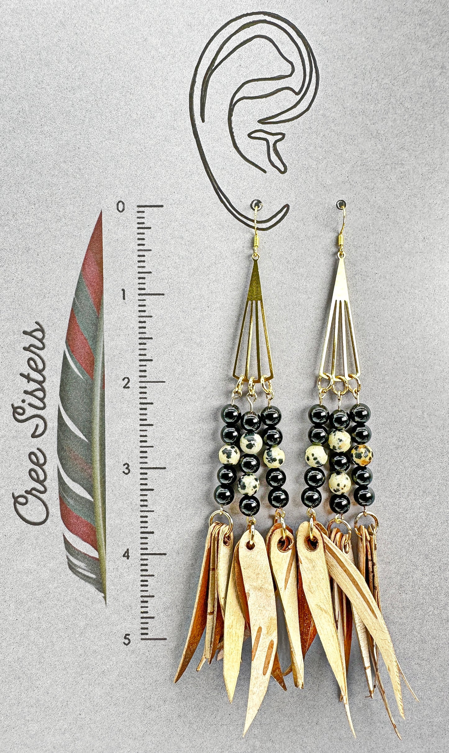 Boucles d'oreilles artisanales indigènes - Écorce de bouleau avec jaspe dalmatien et obsidienne