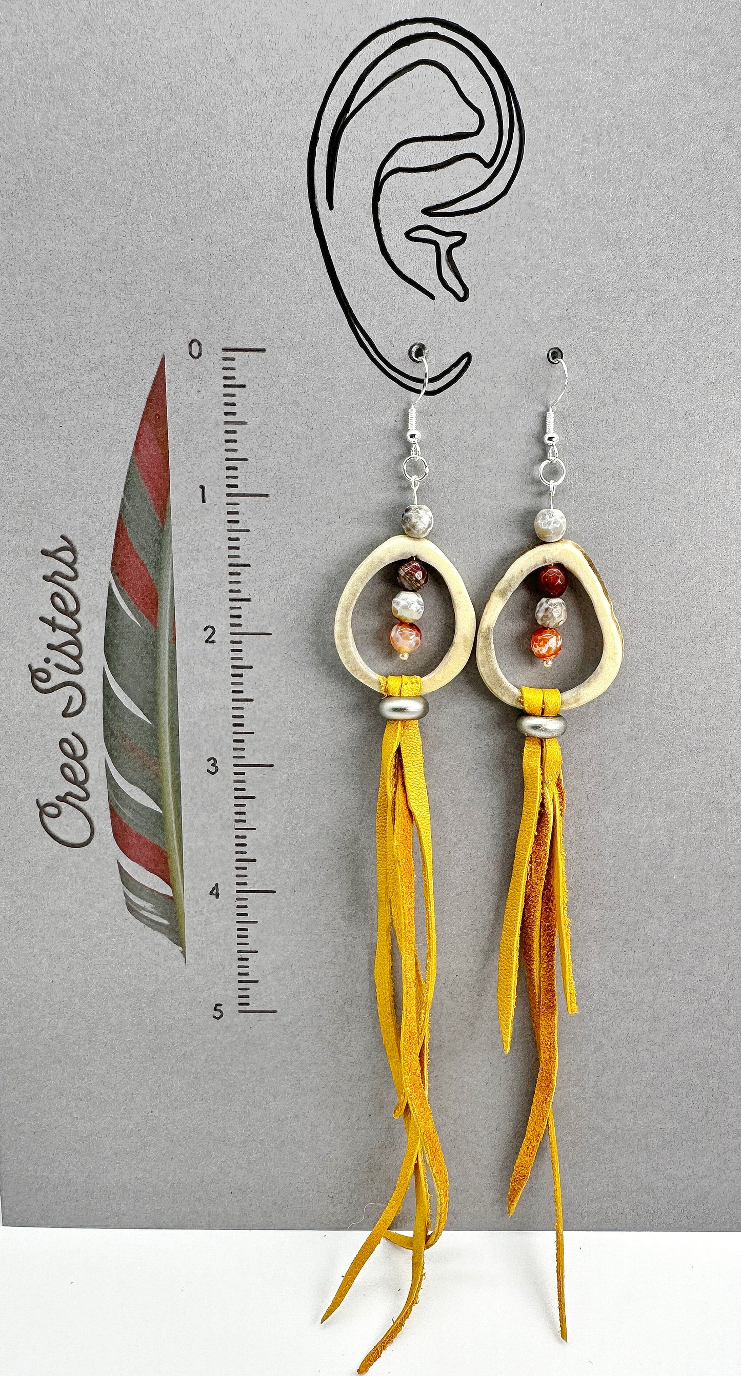 Indigenous Handcrafted Earrings - Beaded w/ Caribou Antler, Agate, & Deer Leather