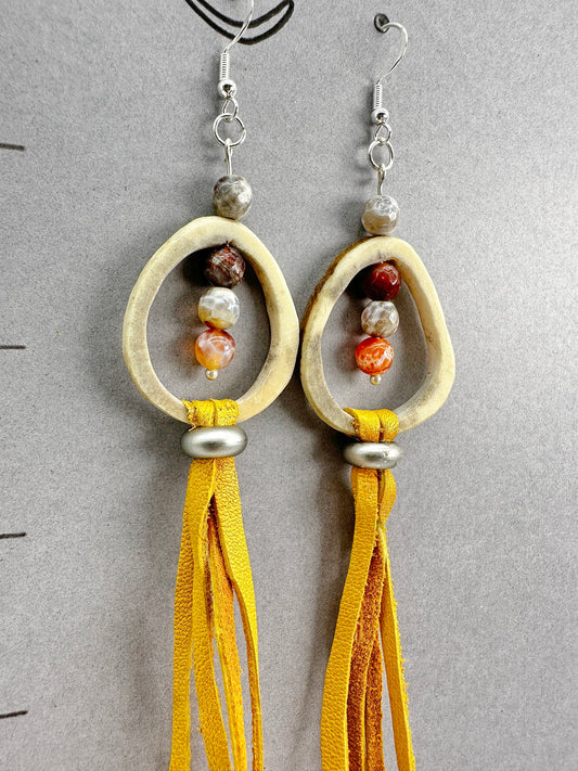 Indigenous Handcrafted Earrings - Beaded w/ Caribou Antler, Agate, & Deer Leather