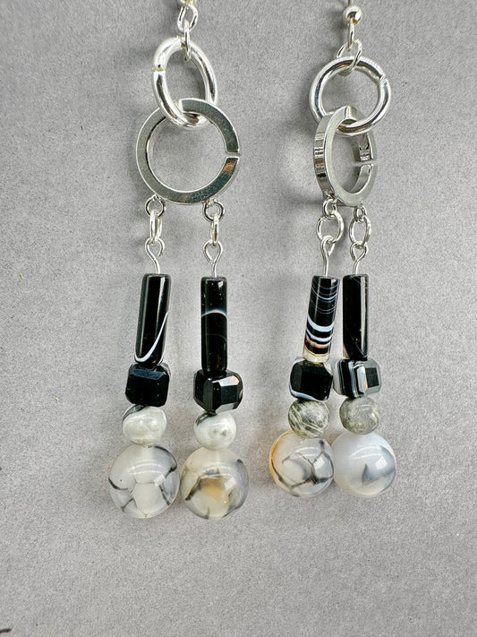 Boucles d'oreilles artisanales indigènes - Perles en agate veine de dragon, sardonyx et agate smoking 