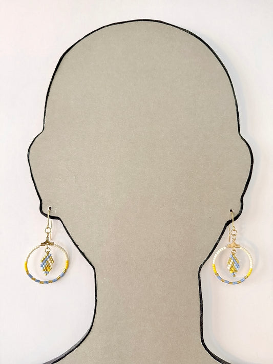 Indigenous Handmade Earrings - Miyuki Delica Beads (Cream, Blue & Gold)