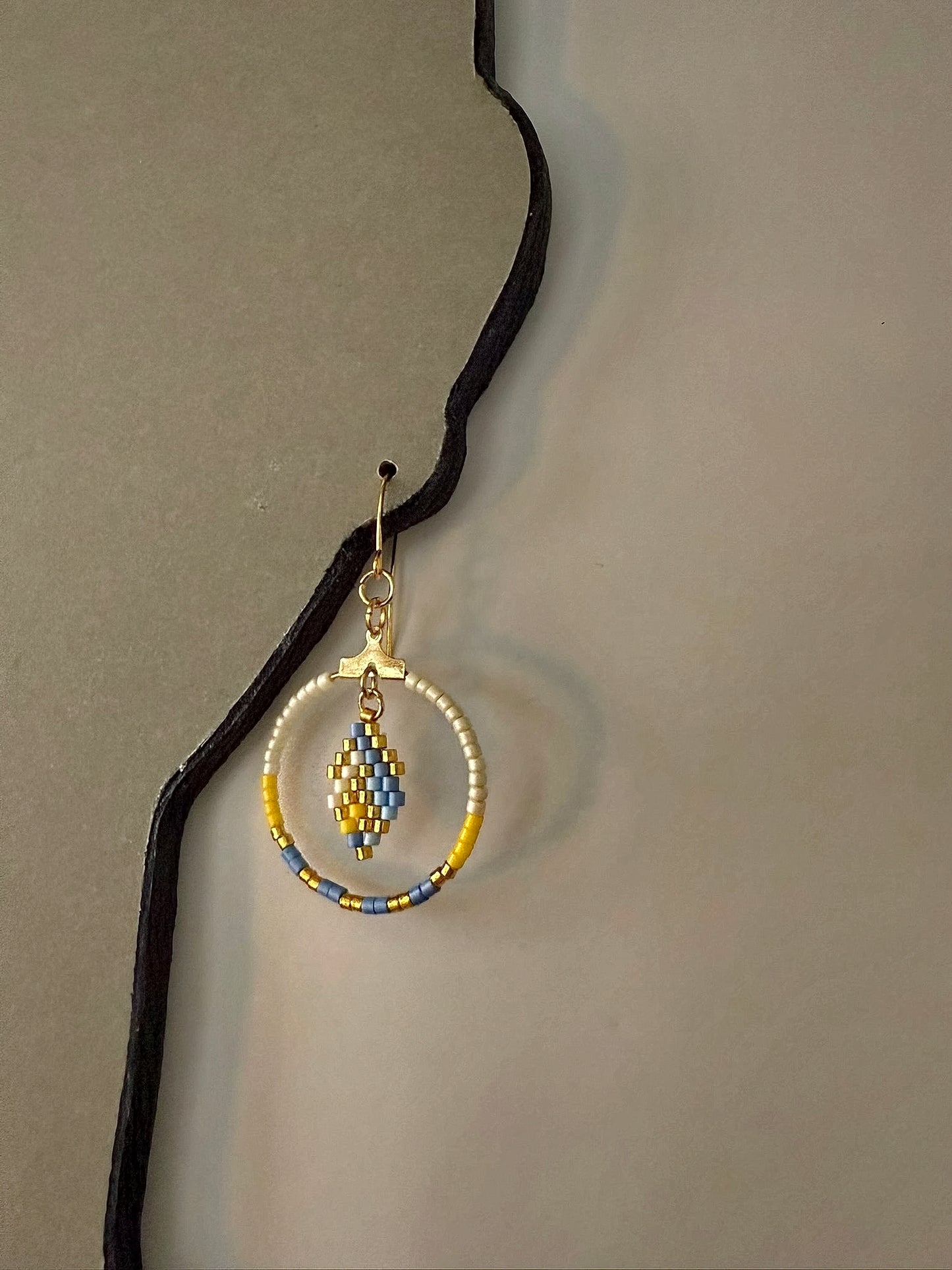 Indigenous Handmade Earrings - Miyuki Delica Beads (Cream, Blue & Gold)