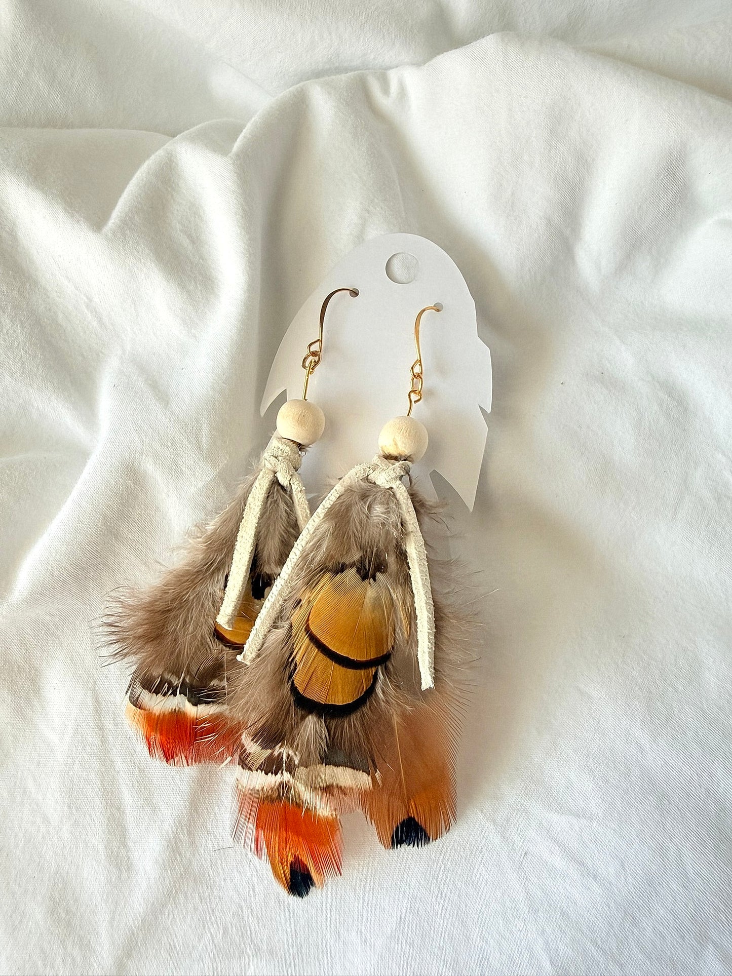 Pheasant Feathers w/moose hide lace - Indigenous Handmade Earrings