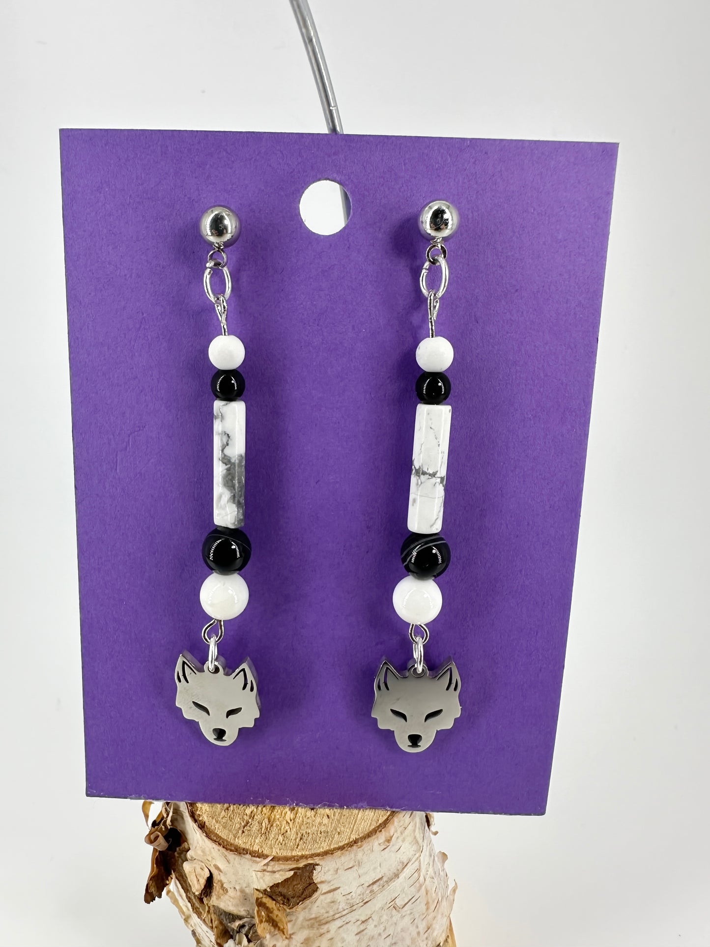 Indigenous Handmade Earrings - Howlite, Black Jasper, White Shell, Quartzite, & 'Wolf'