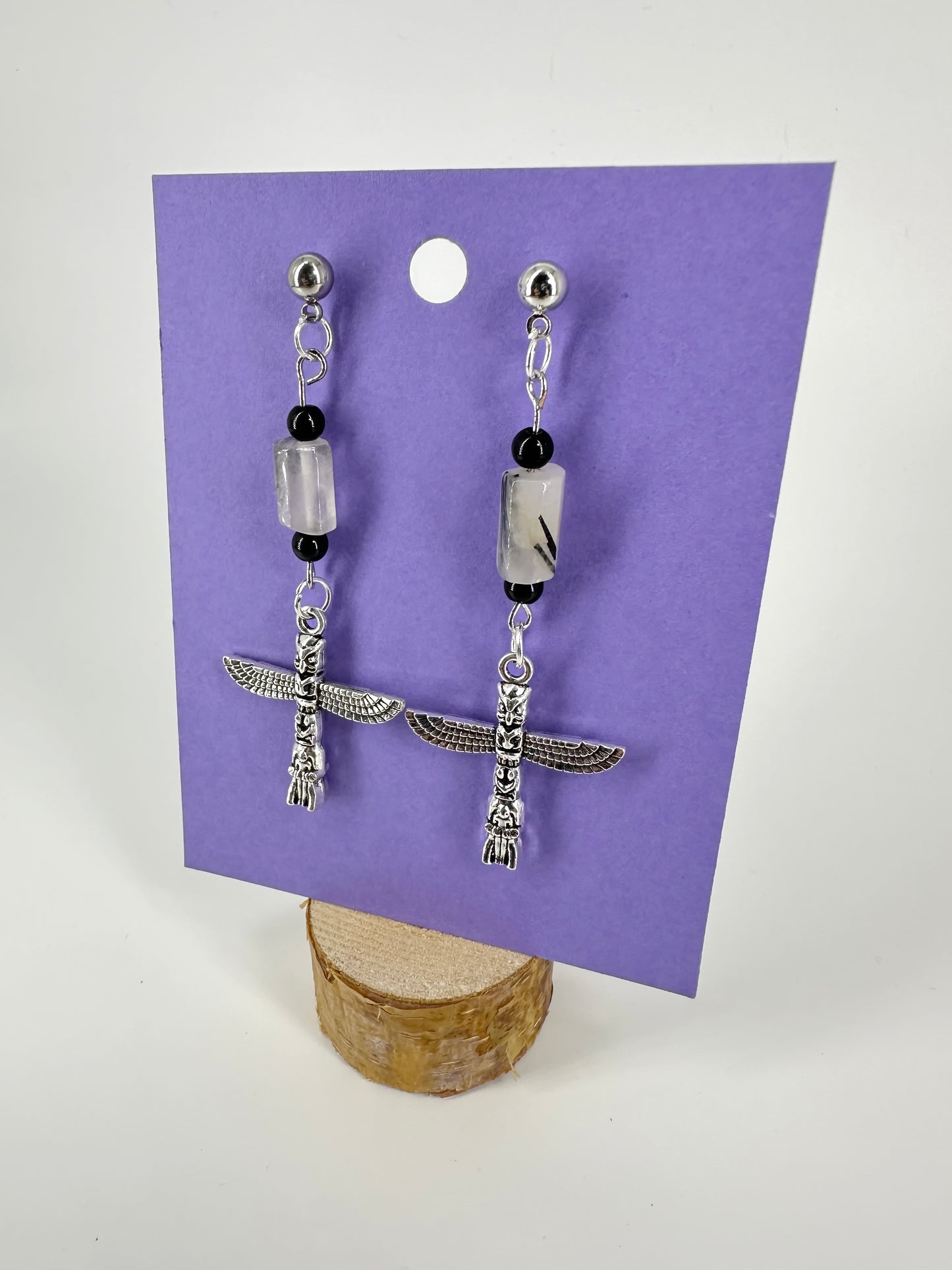 Indigenous Handmade Earrings - Rutilated Quartz, Black Jasper. & 'Thunderbird'