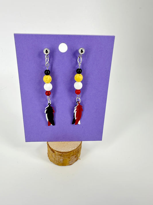 Indigenous Handmade Earrings - Lava Stone , Red Turquoise, Black Jasper, & White Shell