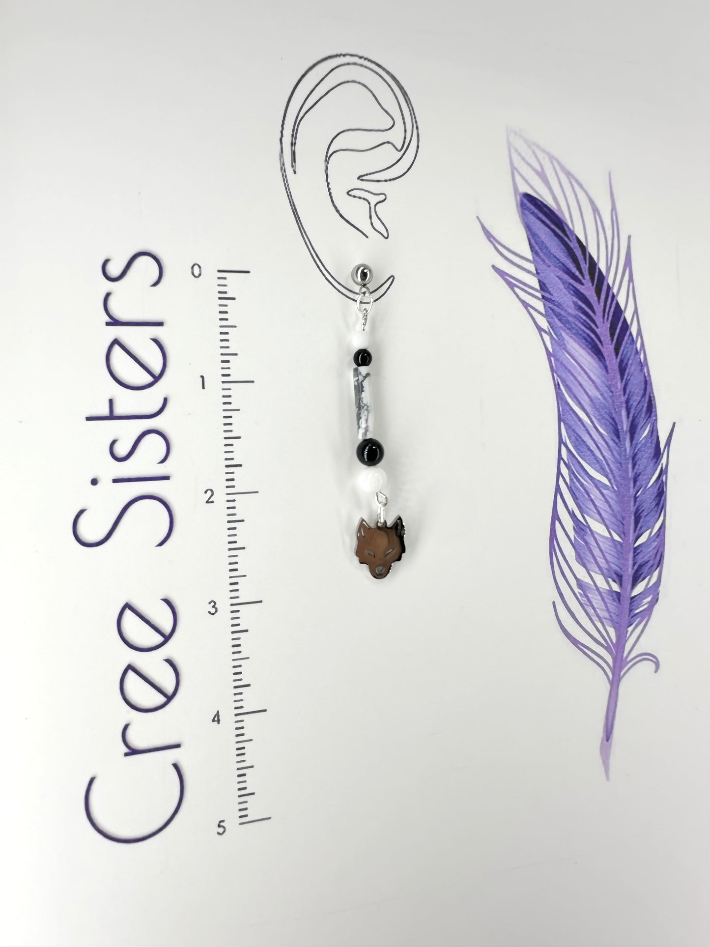 Indigenous Handmade Earrings - Howlite, Black Jasper, White Shell, Quartzite, & 'Wolf'