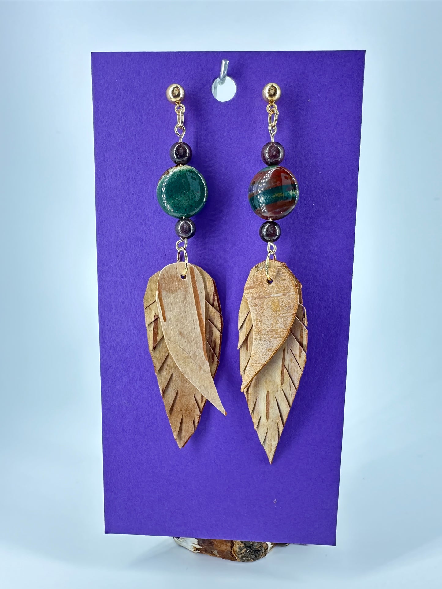 Indigenous Handcrafted Earrings - Birch Bark, Bloodstone, & Garnet