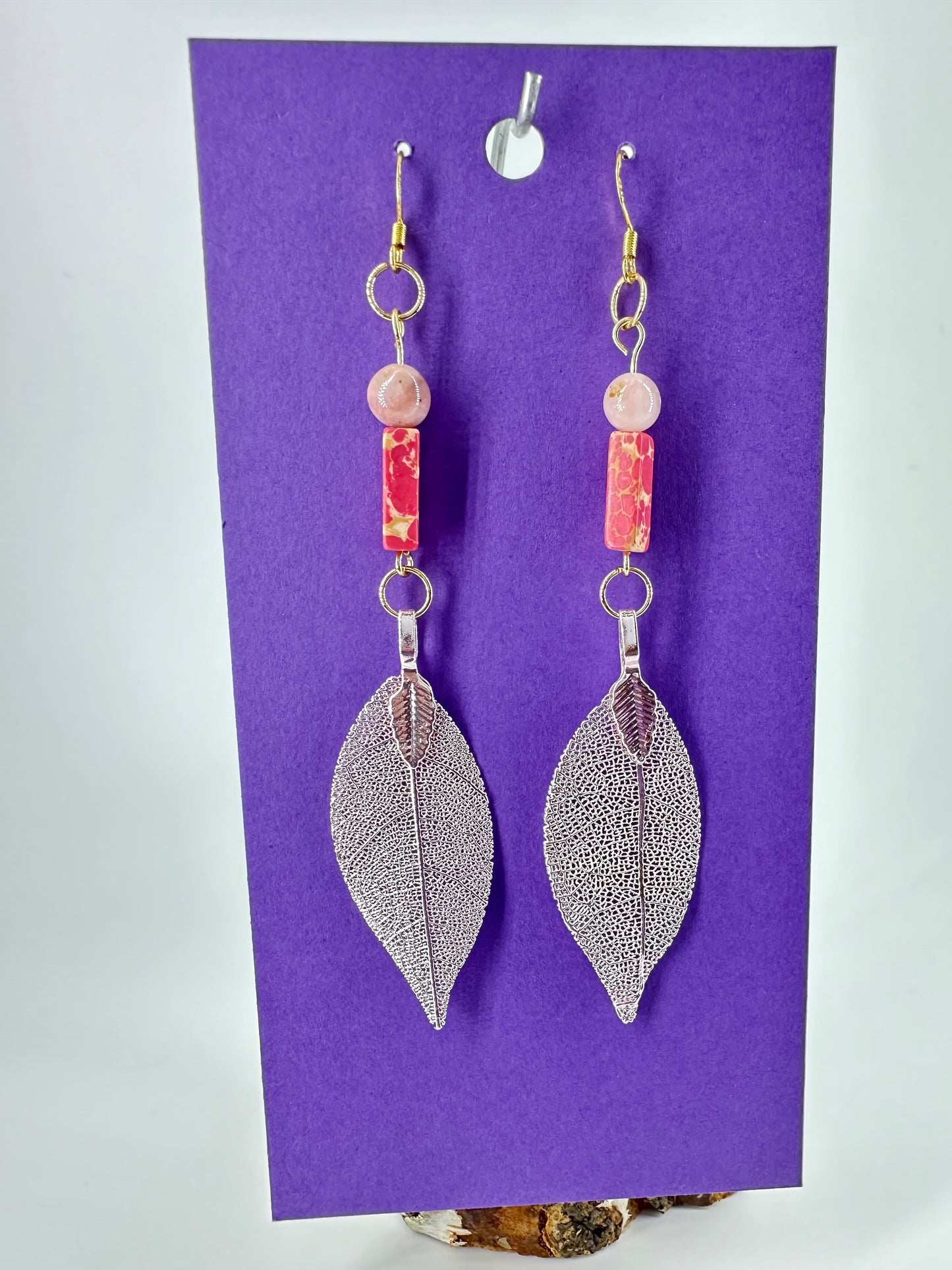 Indigenous Handcrafted Earrings - Red Sea Sediment Imperial Jasper & Pink Opal