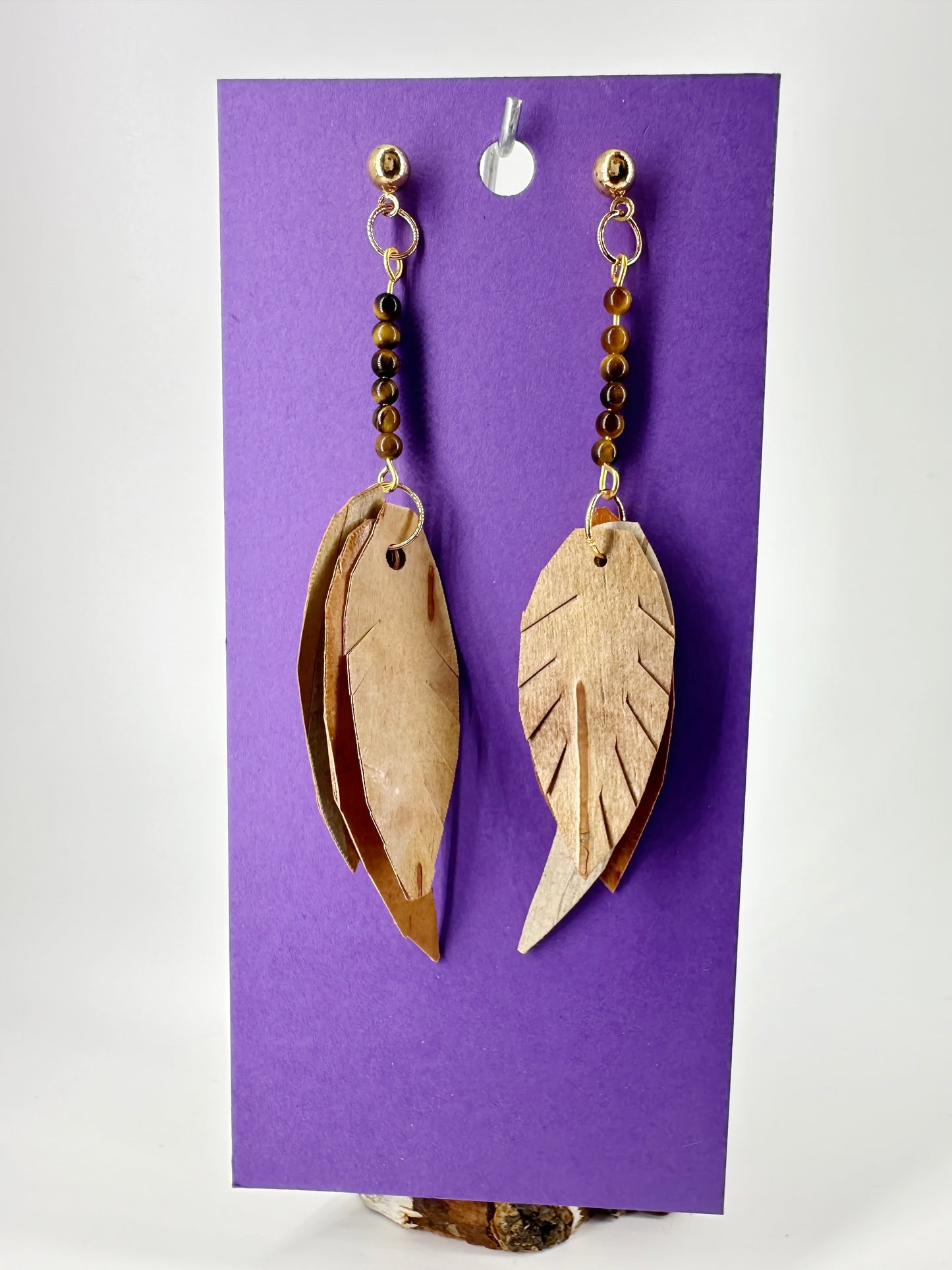 Indigenous Handcrafted Earrings - Birch Bark & Tiger's Eye