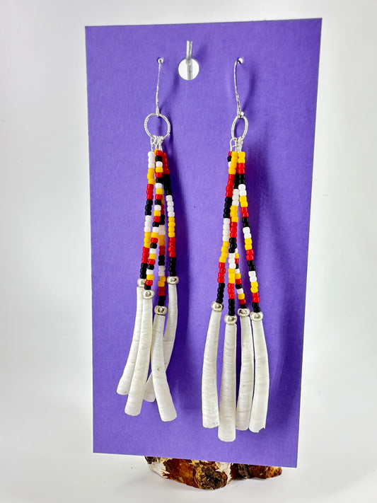 Indigenous Handcrafted Earrings - 4 Sacred Colours, Toho multi-strands & Dentalium Shells