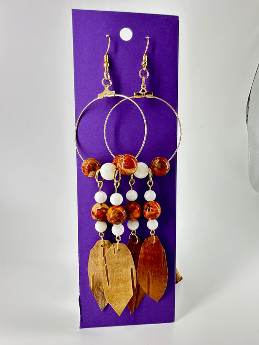 Indigenous Handmade Earrings - Birch Bark, Orange Imperial Jasper, & White Shell