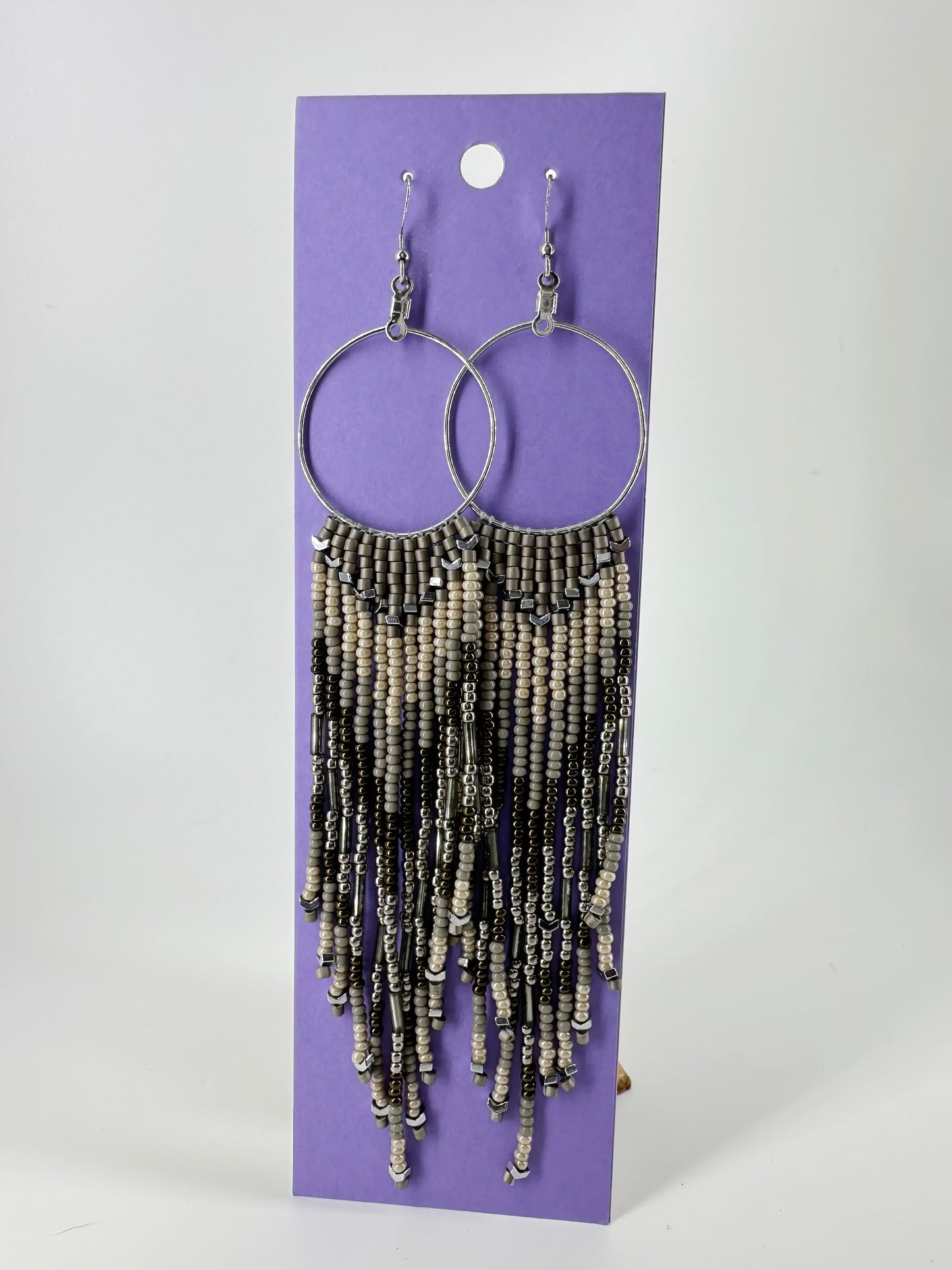 Indigenous Handcrafted Beaded Earrings - 'Feather' - Grey