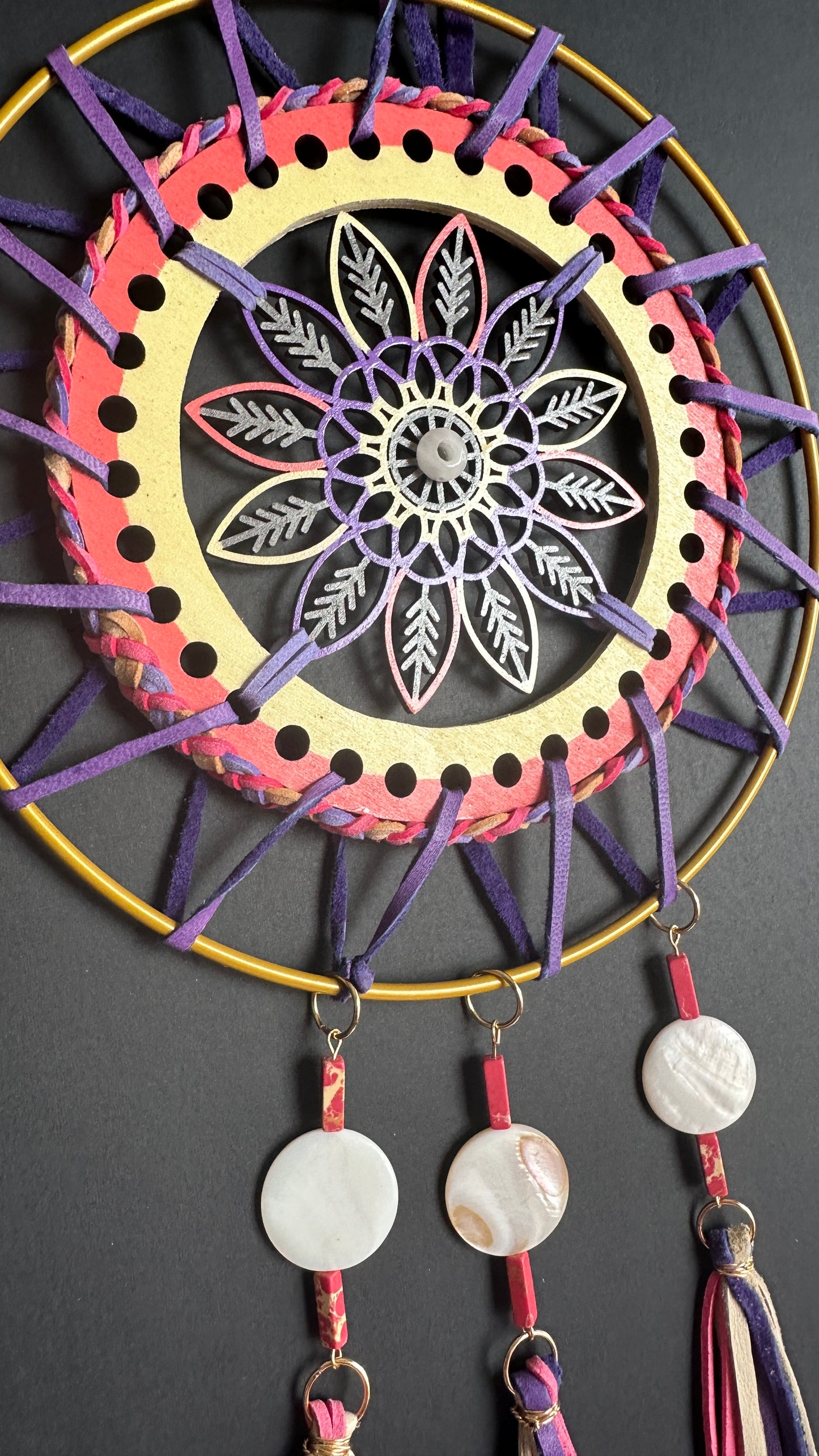 Hand painted Wooden Dreamcatcher w/ Quartz, Mother-of-Pearl, Ostrich Feather, Imperial Jasper (XL)