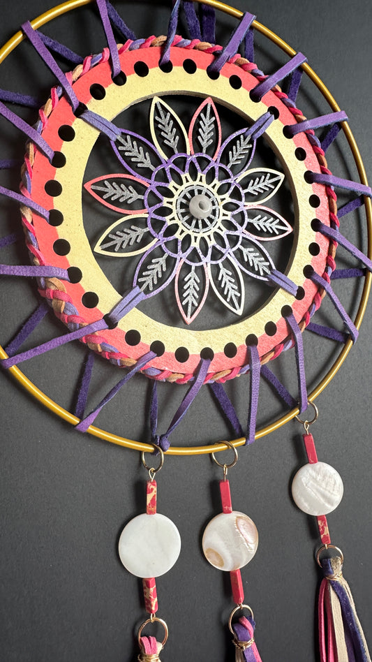 Hand painted Wooden Dreamcatcher w/ Quartz, Mother-of-Pearl, Ostrich Feather, Imperial Jasper (XL)