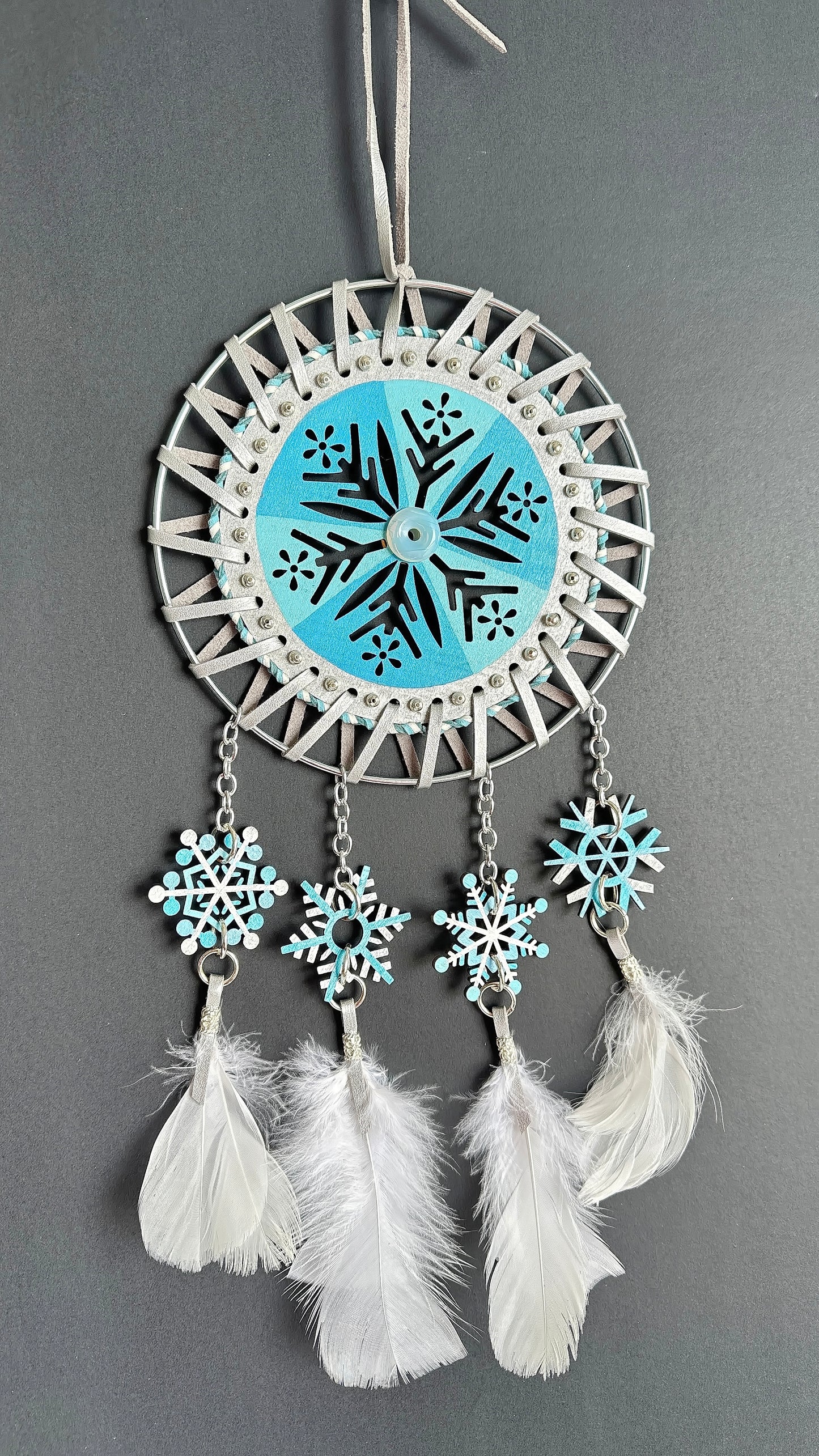 Hand painted Wooden Dreamcatcher w/ Opalite, Goose Feather (XL)