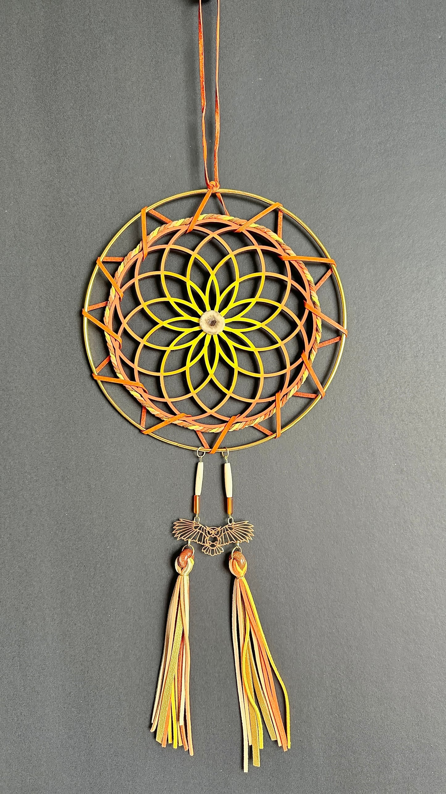 Hand painted Wooden Dreamcatcher w/ Caribou Antler, Bone Bead, Carnelian, Goldstone - 'Owl' (XL)