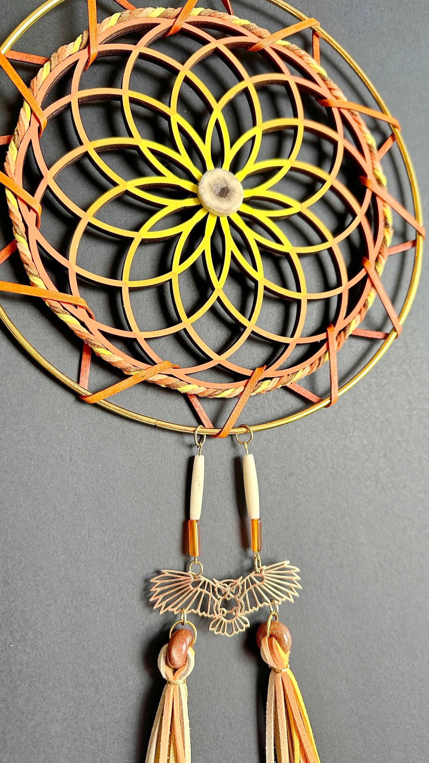 Hand painted Wooden Dreamcatcher w/ Caribou Antler, Bone Bead, Carnelian, Goldstone - 'Owl' (XL)