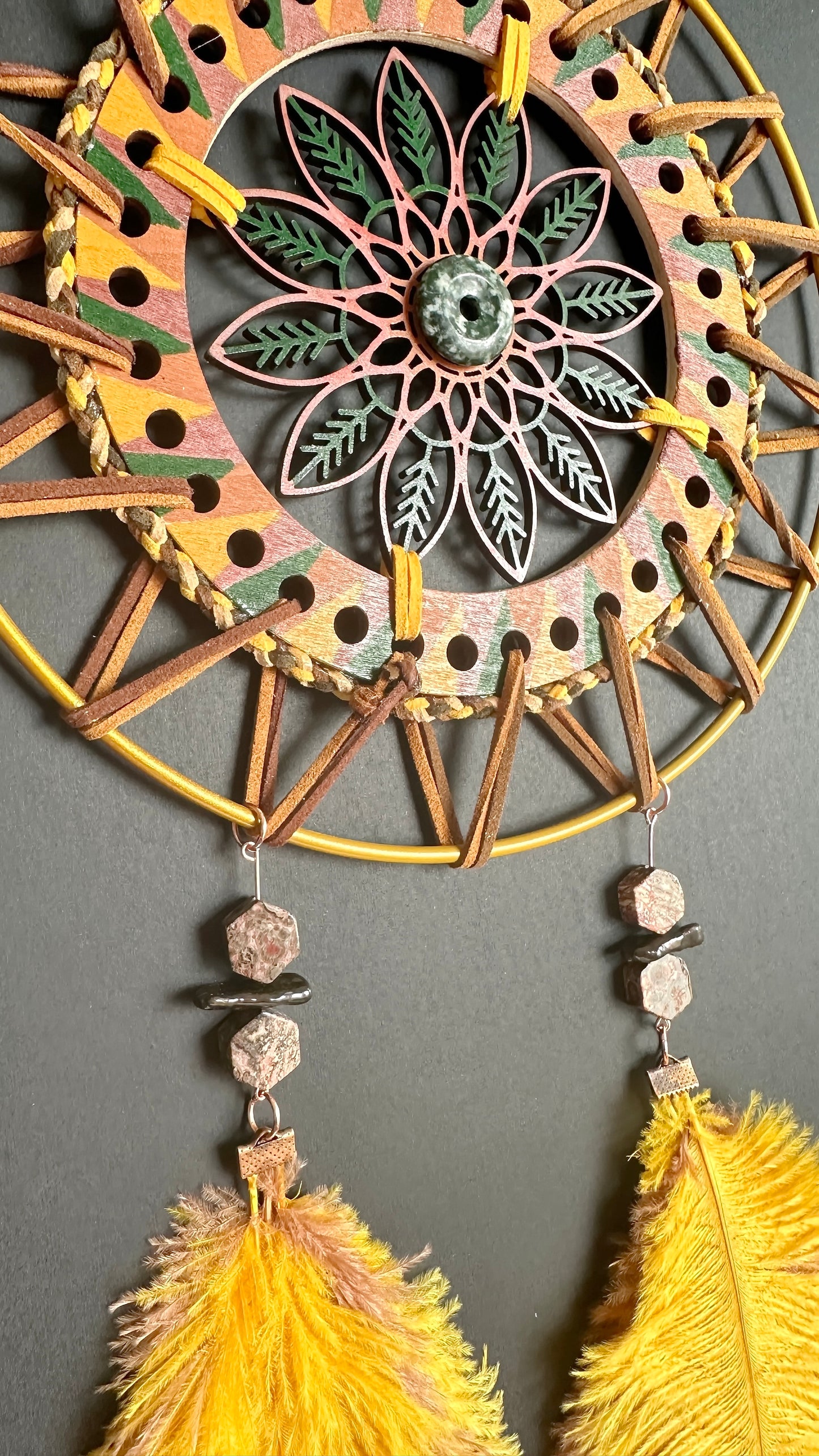 Hand painted Wooden Dreamcatcher w/ Leopard skin Jasper, Mother-of-Pearl, Moss Agate, Ostrich Feather (XL)