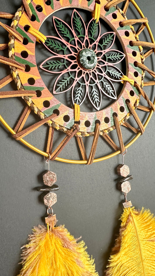 Hand painted Wooden Dreamcatcher w/ Leopard skin Jasper, Mother-of-Pearl, Moss Agate, Ostrich Feather (XL)