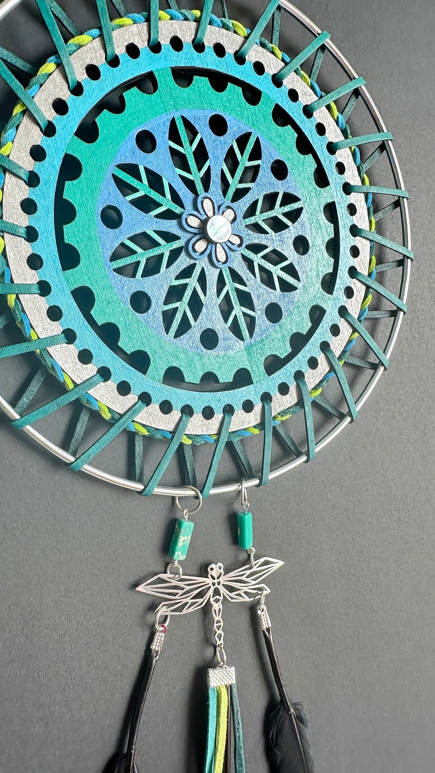 Hand painted Wooden Dreamcatcher w/ Imperial Jasper, Abalone, Raven Feather - 'Dragonfly' (XL)