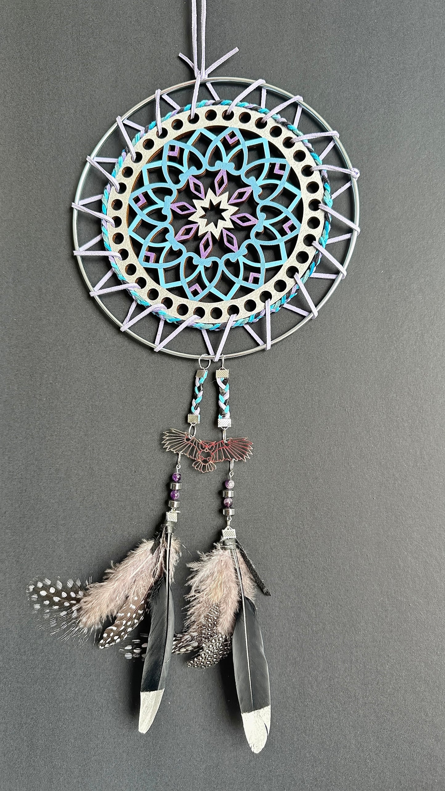 Hand painted Wooden Dreamcatcher w/ Amethyst, Pheasant & Raven Feather, Hematite - 'Owl' (XL)