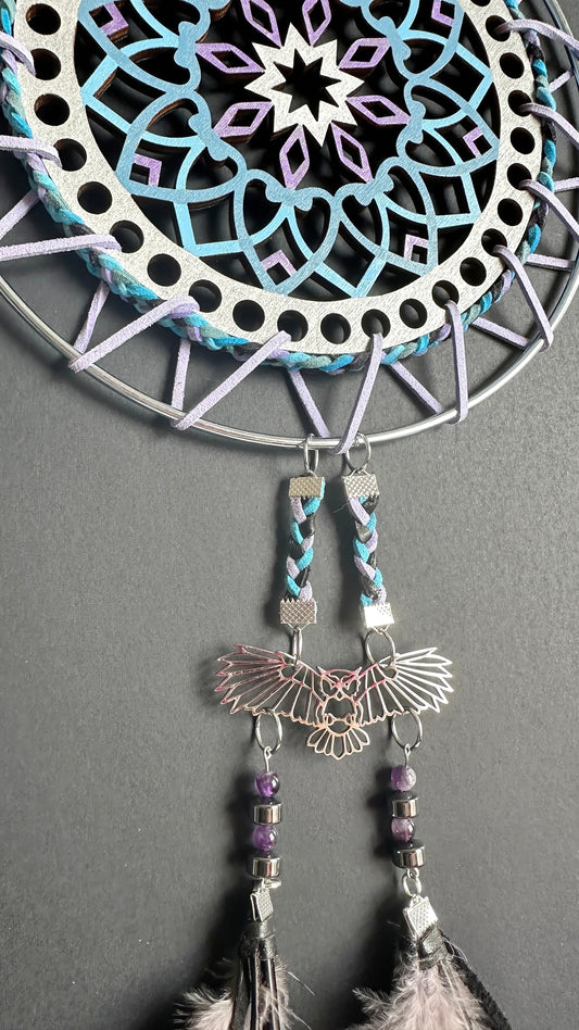 Hand painted Wooden Dreamcatcher w/ Amethyst, Pheasant & Raven Feather, Hematite - 'Owl' (XL)