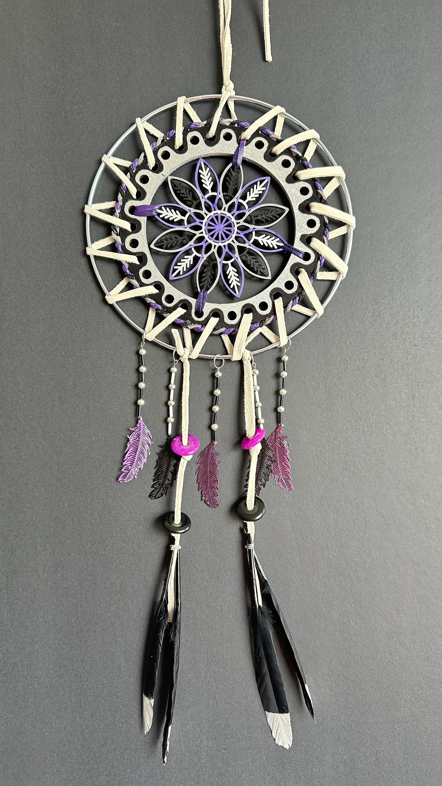 Hand painted Wooden Dreamcatcher w/ Obsidian, Agate, & Raven Feather (XL)