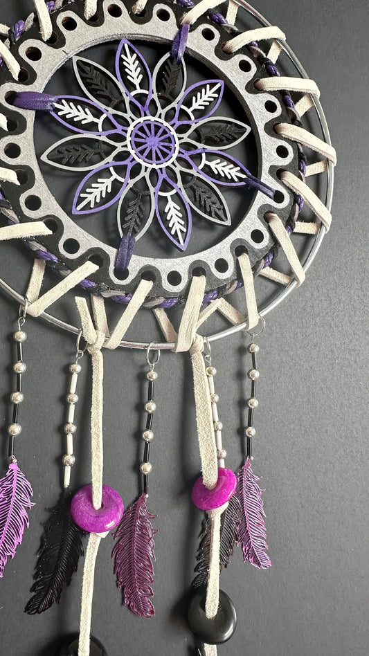 Hand painted Wooden Dreamcatcher w/ Obsidian, Agate, & Raven Feather (XL)