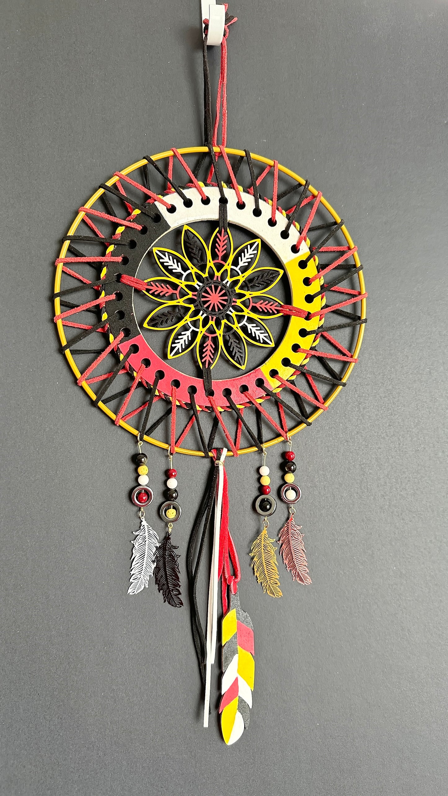 Hand painted Wooden Dreamcatcher w/ Hematite, Lava Stone, Obsidian, Quartzite, White Turquoise, 4 Sacred Colours (XL)