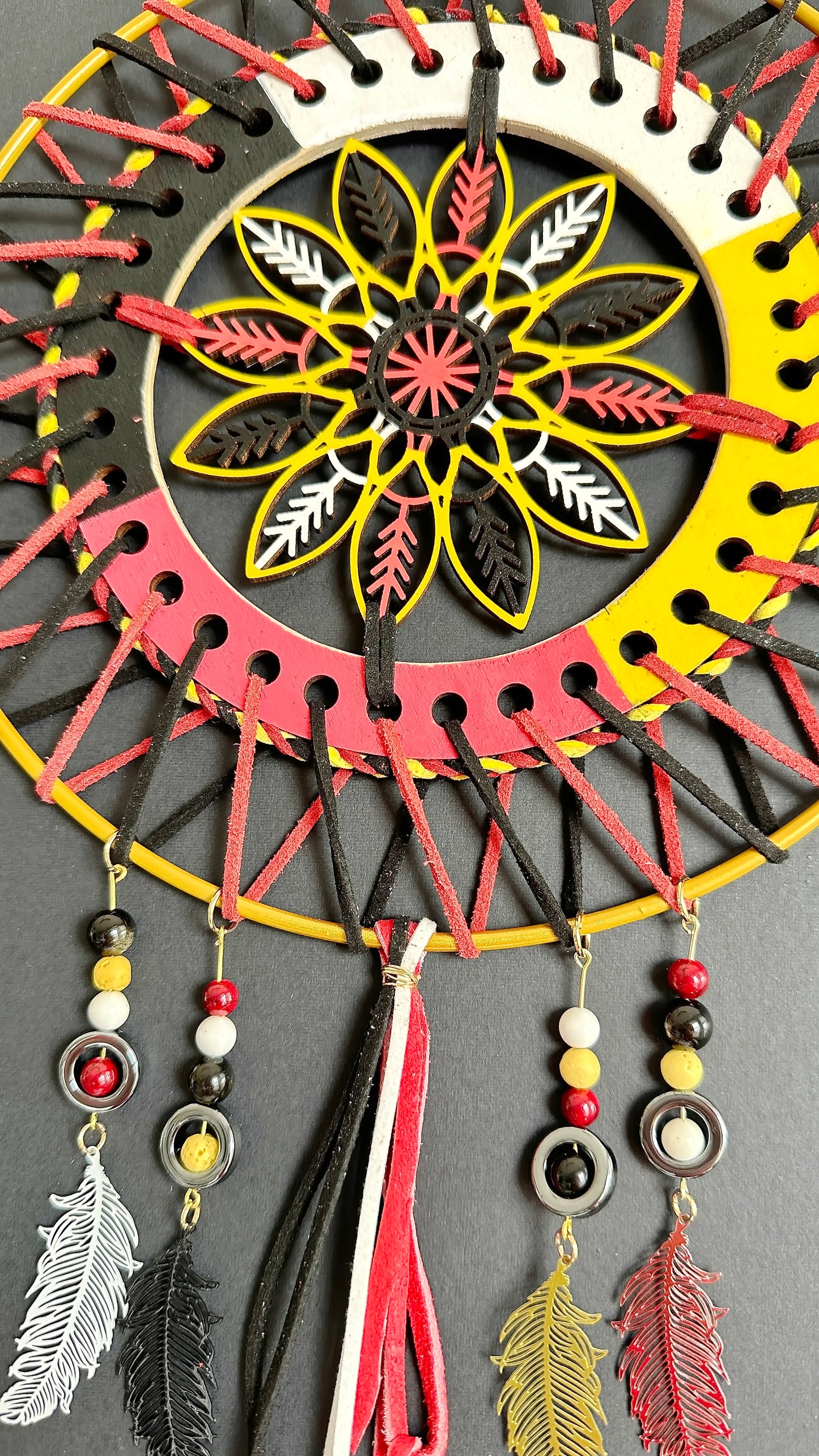 Hand painted Wooden Dreamcatcher w/ Hematite, Lava Stone, Obsidian, Quartzite, White Turquoise, 4 Sacred Colours (XL)