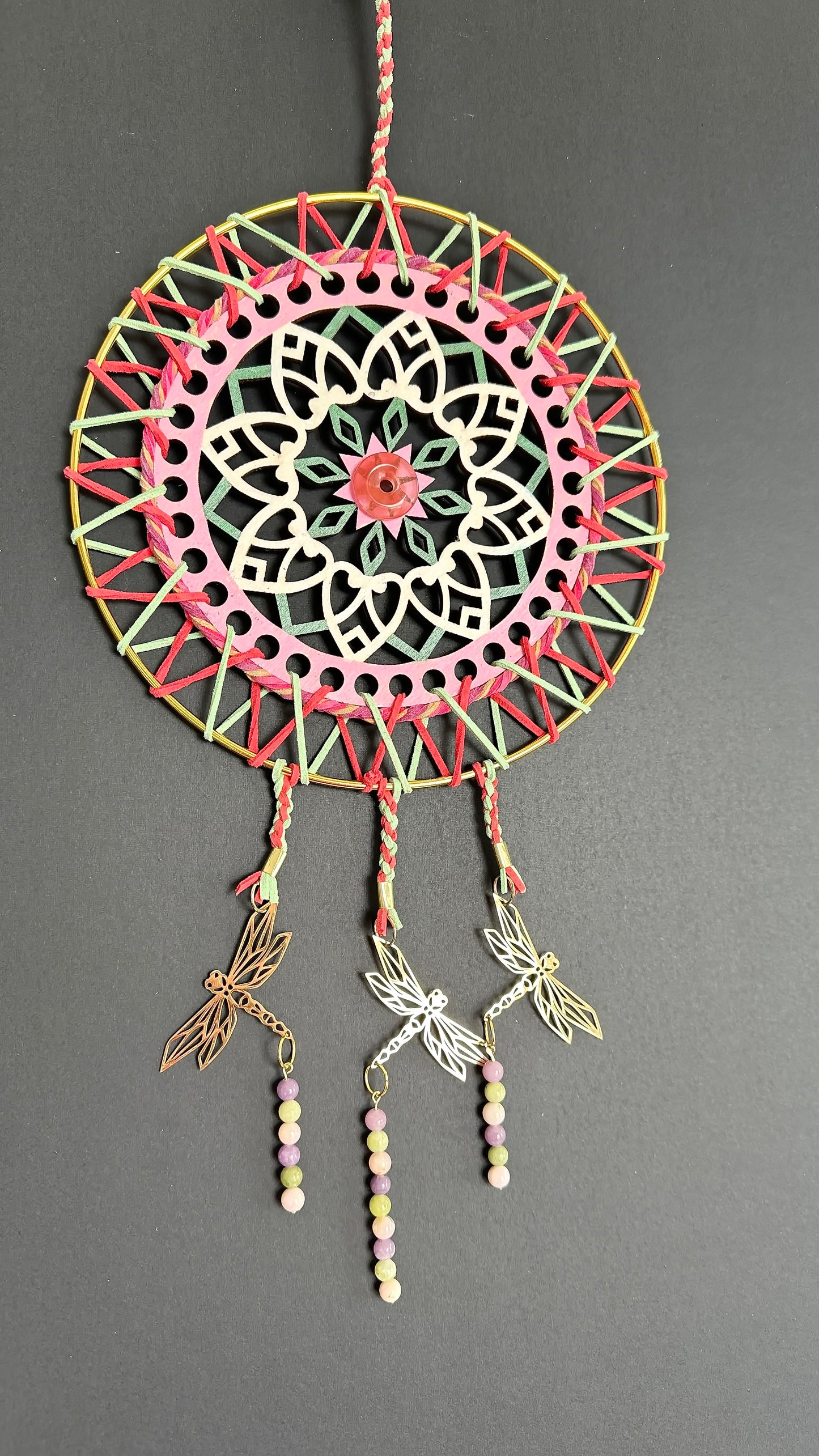 Hand painted Wooden Dreamcatcher w/ Lepidolite, Jade, Powder Opal - 'Dragonfly' (XL)